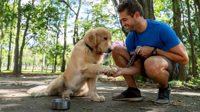 man shaking golden retriever's paw in park