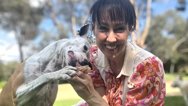 laura v dog behaviourist giving Lyka treat to dog