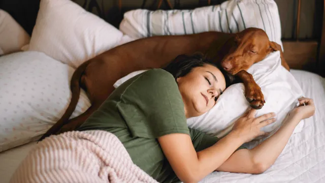 woman-sleeping-in-bed-with-dog-sleeping-on-her-pillow-above