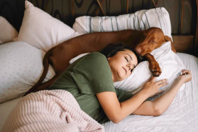 woman-sleeping-in-bed-with-dog-sleeping-on-her-pillow-above